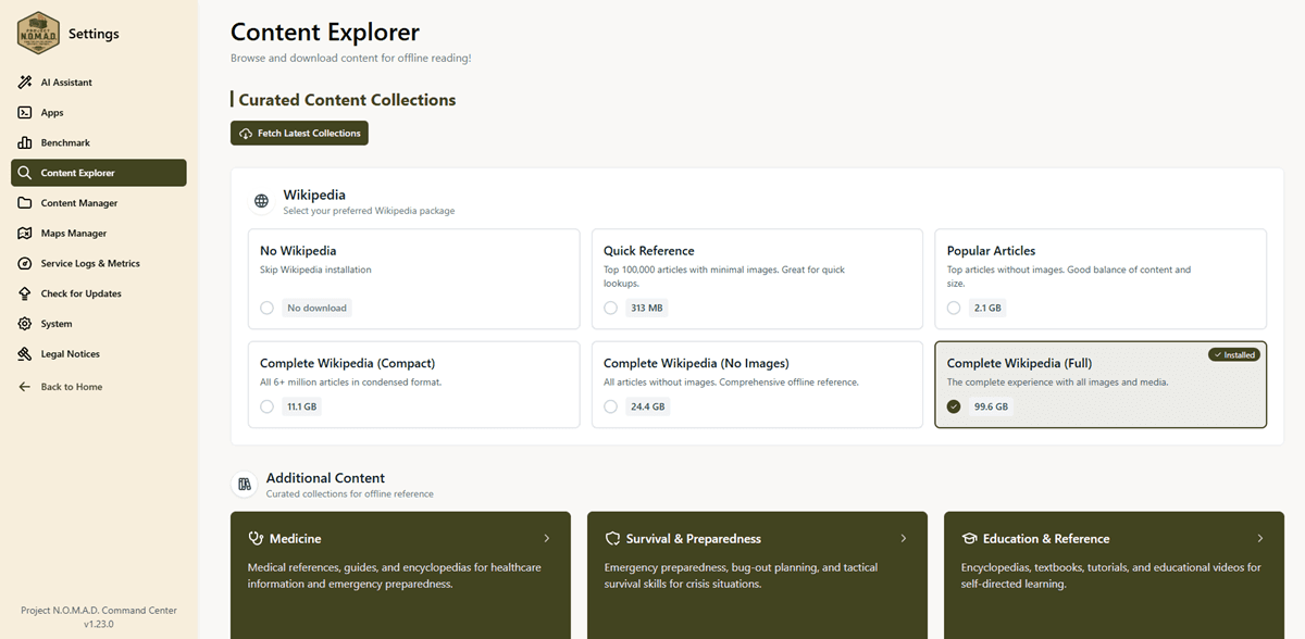 Content Explorer — browse and download Wikipedia, medical references, survival guides, and curated content collections
