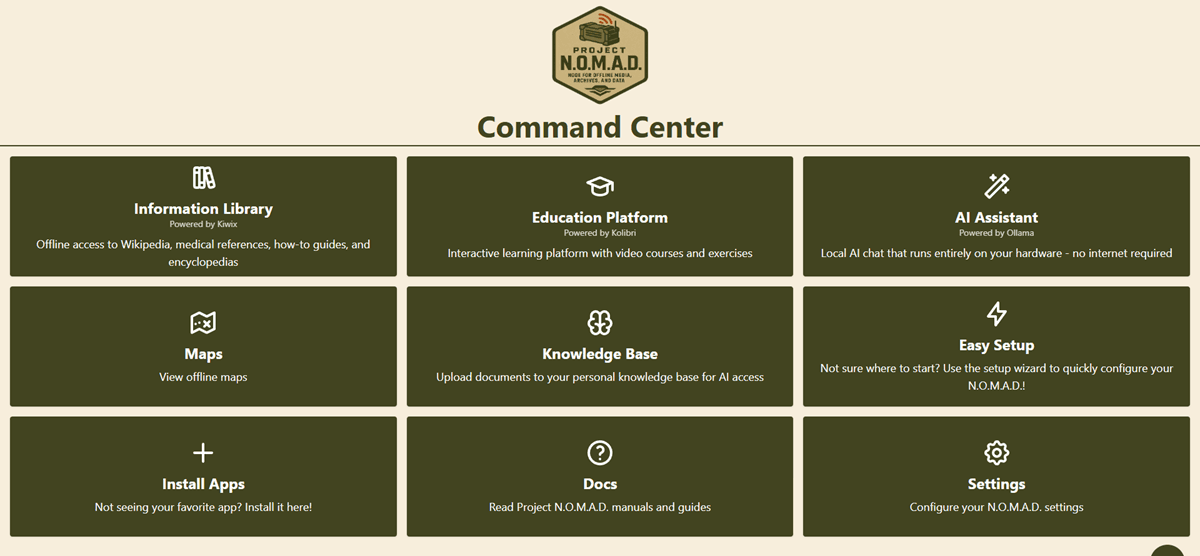 The NOMAD Command Center dashboard, showing the offline knowledge library, AI assistant, maps, and education modules