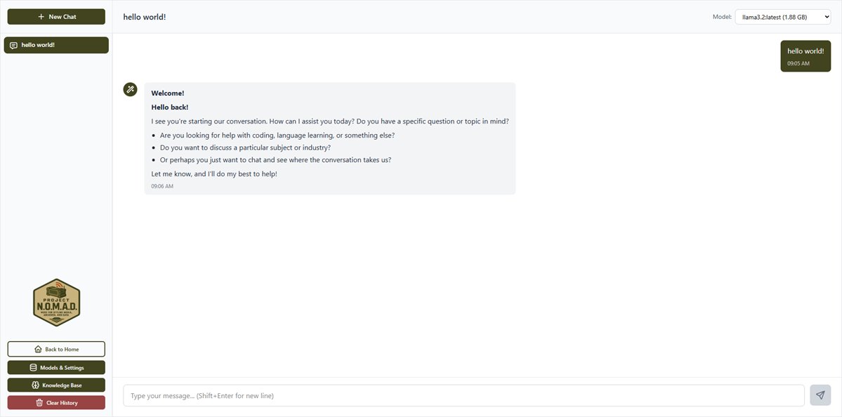 Project NOMAD 로컬 AI 챗봇 채팅 화면 — Ollama 기반 Llama 3.2 모델로 인터넷 없이 오프라인 AI 대화하는 모습