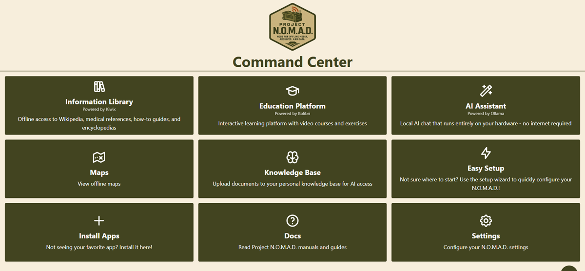 Project NOMAD Command Center 대시보드 화면 — 정보 라이브러리, 교육 플랫폼, AI 어시스턴트, 오프라인 지도, 지식 베이스 등 9개 기능 카드가 카드 레이아웃으로 배치된 모습